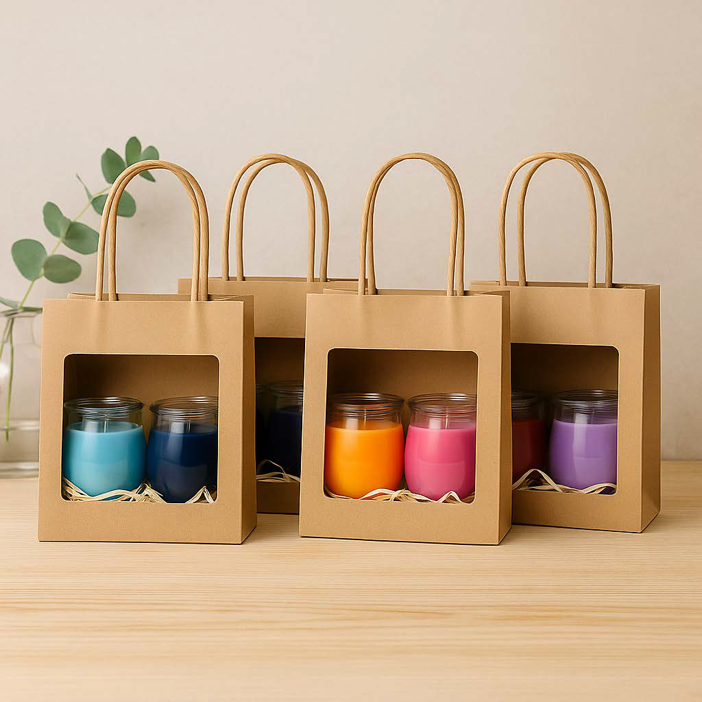 Vier Mini-Duftkerzen-Geschenksets in naturfarbenen Tüten mit Curly-Füllung und liebevollen Details