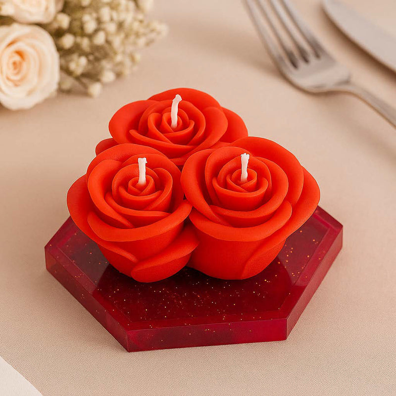 Rosen-Set „Ewige Liebe“ – Rote 3-Docht-Kerze mit Rosenduft & passender Untersetzer