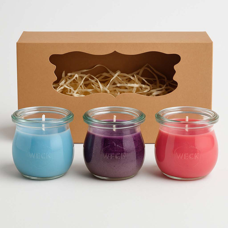 3er Set Duftkerzen im WECK-Glas – Geschenkbox mit handgegossenen Kerzen in Blau, Pink und Lila, nachhaltig verpackt in Holzwolle – ideal als Geschenk oder zum Ausprobiere