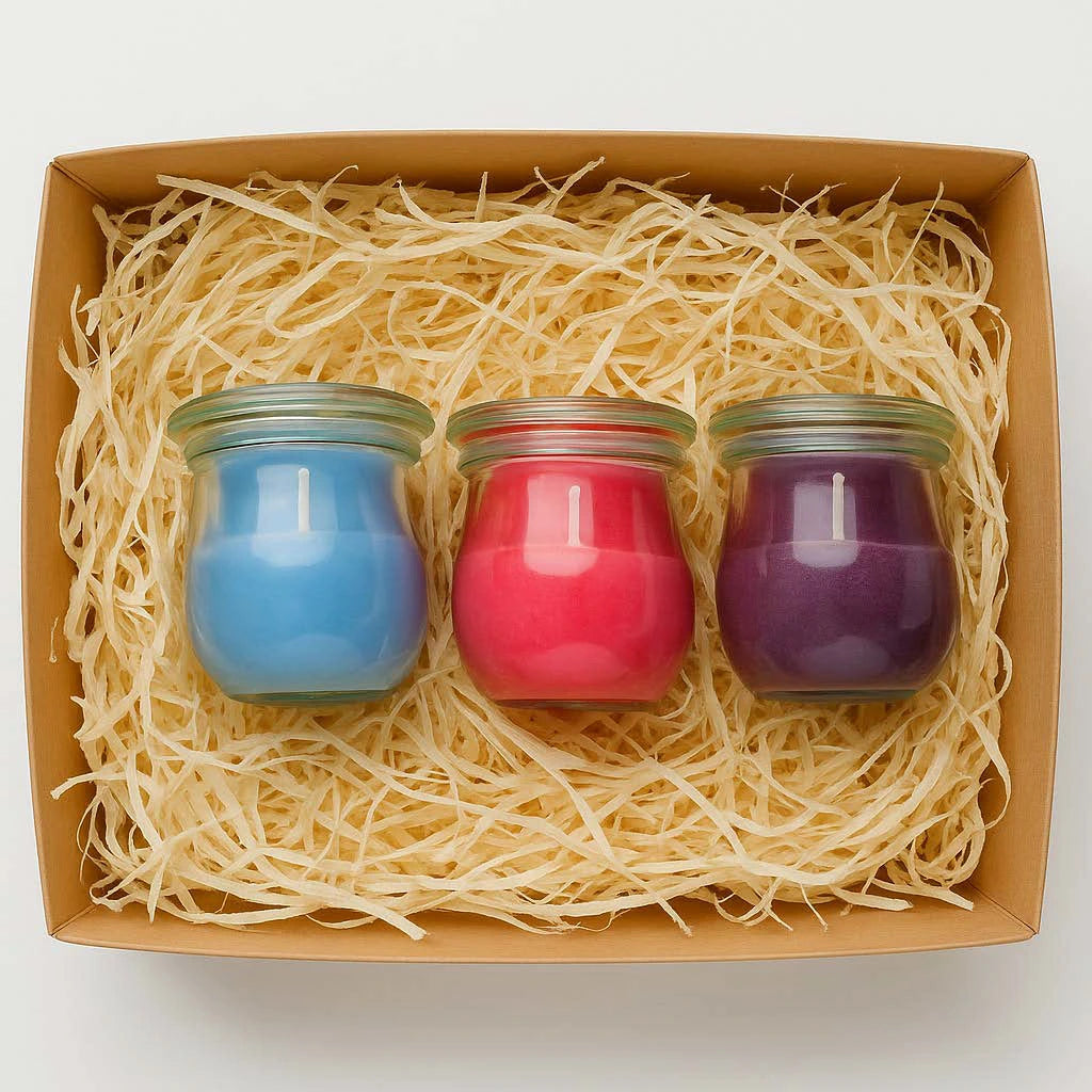 3er Set Duftkerzen im WECK-Glas – Geschenkbox mit handgegossenen Kerzen in Blau, Pink und Lila, nachhaltig verpackt in Holzwolle – ideal als Geschenk oder zum Ausprobiere