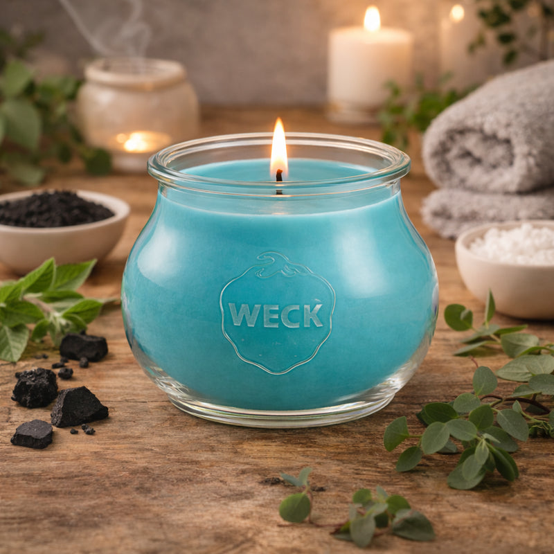 Anti-Tabak-Duftkerze im WECK-Glas mit türkisfarbenem Wachs, brennend auf rustikalem Holztisch – umgeben von Minze, Eukalyptus, Aktivkohle und Spa-Accessoires in einem ruhigen, natürlichen Ambien