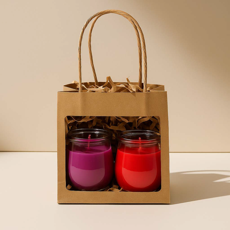 Zwei Mini-Duftkerzen in einer braunen Geschenktüte – im Set „Blüten & Beeren“ mit den Sorten Rose und Erdbeer/Rhabarber, liebevoll verpackt mit Füllmaterial