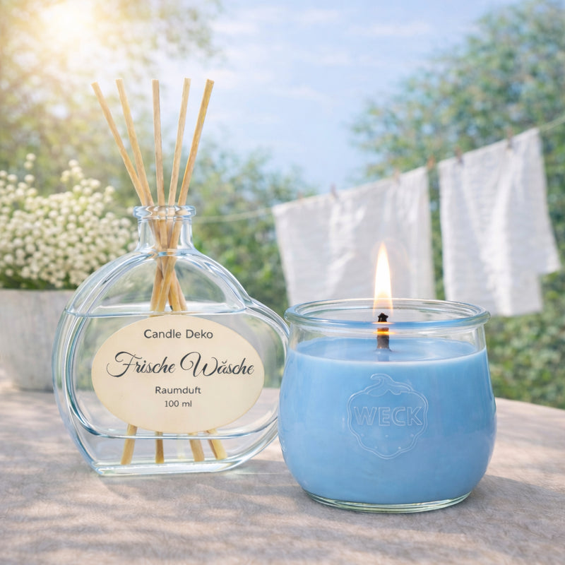 Duftduo Frische Wäsche von CandleDeko mit Raumduft-Diffusor und brennender Duftkerze im WECK-Glas für ein klares, frisches Raumgefühl.