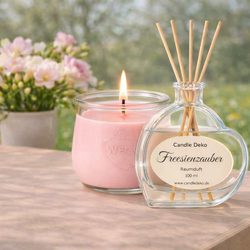 Duftduo Freesienzauber von CandleDeko – rosa Duftkerze im WECK-Glas und Raumduft-Diffusor mit Freesienduft
