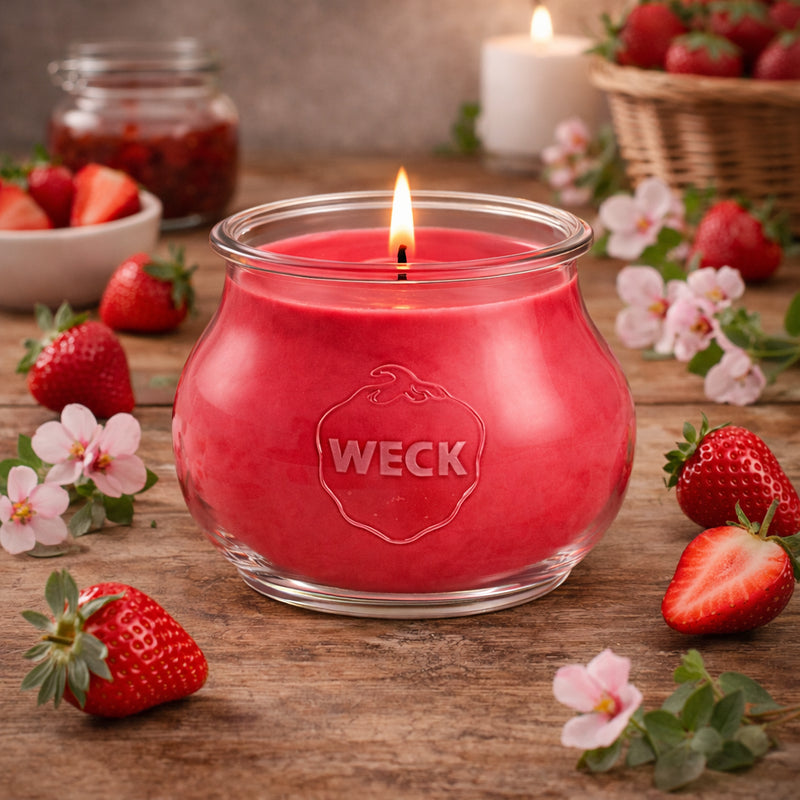 Stimmungsvolles Lifestyle-Bild einer brennenden Erdbeer-Duftkerze im großen WECK-Schmuckglas, umgeben von frischen Erdbeeren, Blüten und einem Glas Erdbeermarmelade auf rustikalem Holztisch