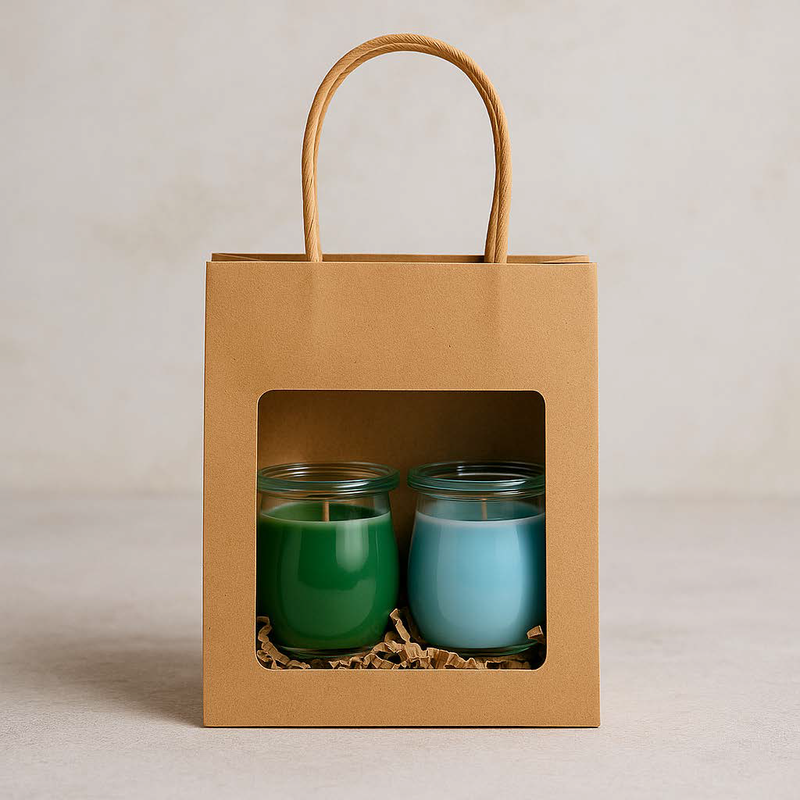 Zwei Mini-Duftkerzen in einer Kraftpapiertüte – Duftset „Mistelzweig“ & „Weiße Weihnachten“, winterlich verpackt mit grüner und blauer Kerze im Weckglas.