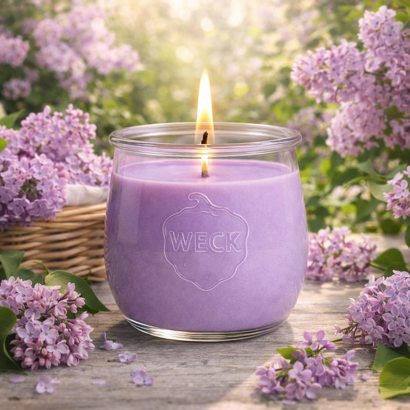 Fliederduftkerze im WECK-Glas, brennend auf Holztisch im Garten – umgeben von blühendem Flieder, Korbdeko und weichem Sonnenlicht – stimmungsvolle Frühlingsszene mit romantischem Flair.