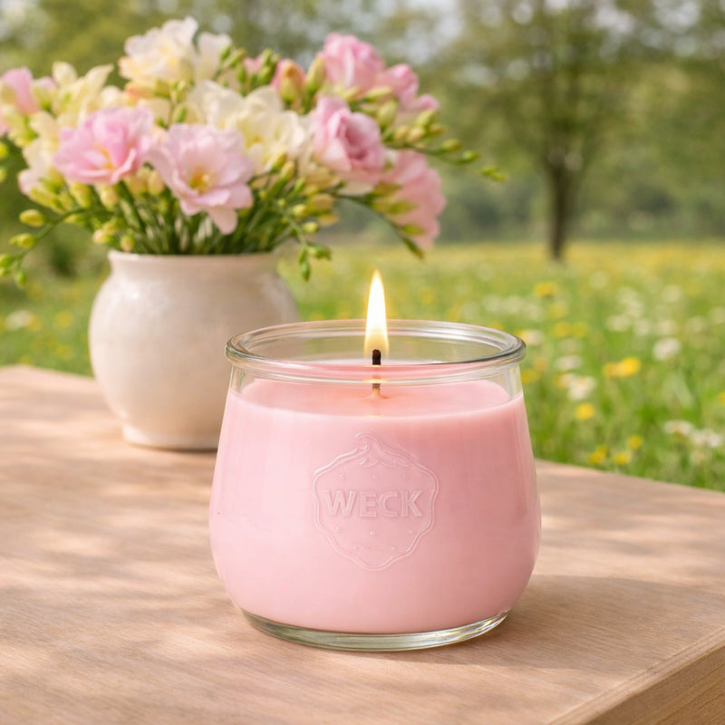 Duftkerze im WECK-Glas mit roséfarbenem Wachs auf Holztisch, im Hintergrund ein Freesienstrauß und eine grün blühende Frühlingswiese – hell, leicht und natürlich.