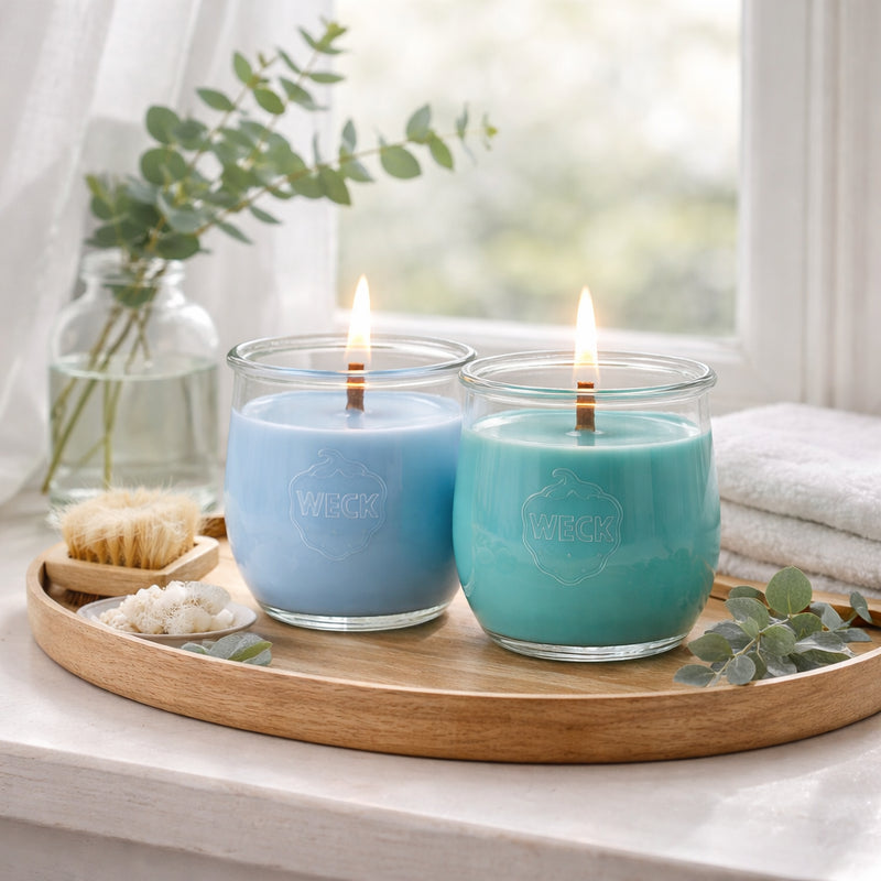 Zwei brennende Duftkerzen im WECK-Glas auf einem Holztablett am Fenster, in den Farben Hellblau und Türkis. Umgeben von Eukalyptus, Handtuch und Naturbürste – stimmungsvolles Arrangement für das DuftSet „Klare Frische“.