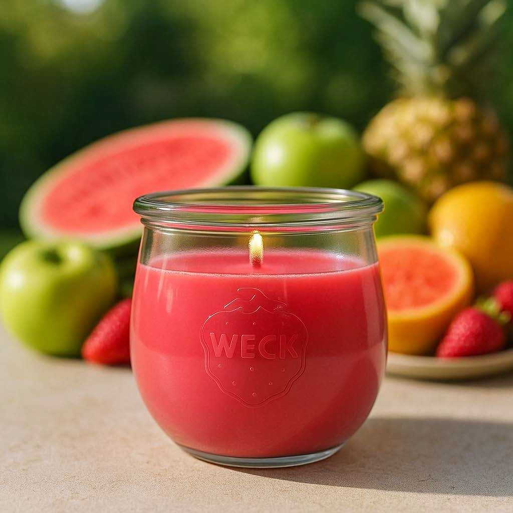 Fruchtsalat Duftkerze groß im Weckglas – fruchtiger Duftmix aus Erdbeere, Ananas und Mango, handgegossen, vor hellem Hintergrund
