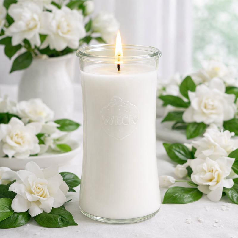 Stimmungsvolles Foto einer weißen Duftkerze im hohen WECK-Glas, brennend, umgeben von frischen Gardenienblüten und grünen Blättern. Die helle Szene vermittelt Reinheit und florale Eleganz.