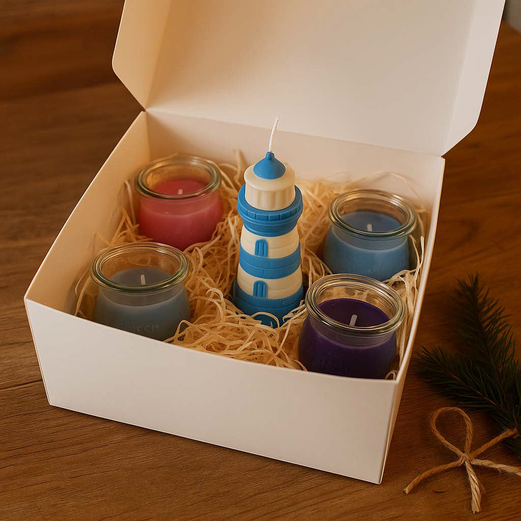Geschenkset Küstenzauber: weiße Box mit 4 maritimen Mini-Duftkerzen im WECK-Glas und einer blauen Leuchtturm-Kerze aus Rapswachs, dekoriert mit Curly-Füllun