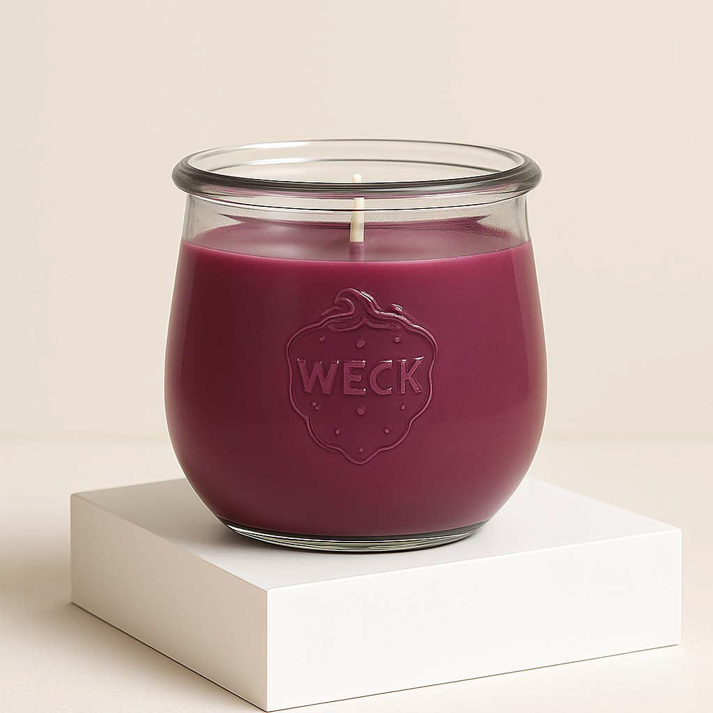 Große Duftkerze Glühwein in bauchigem WECK-Glas – weinrot, handgegossen, ideal für Advent und Winterzeit.
