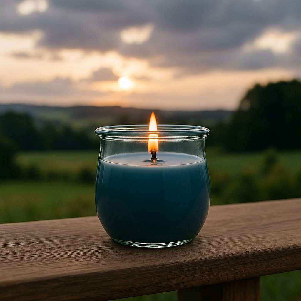 XL-Duftkerze Klarer Horizont mit blauem Wachs, brennend im Glas, draußen in einer herbstlichen Berglandschaf