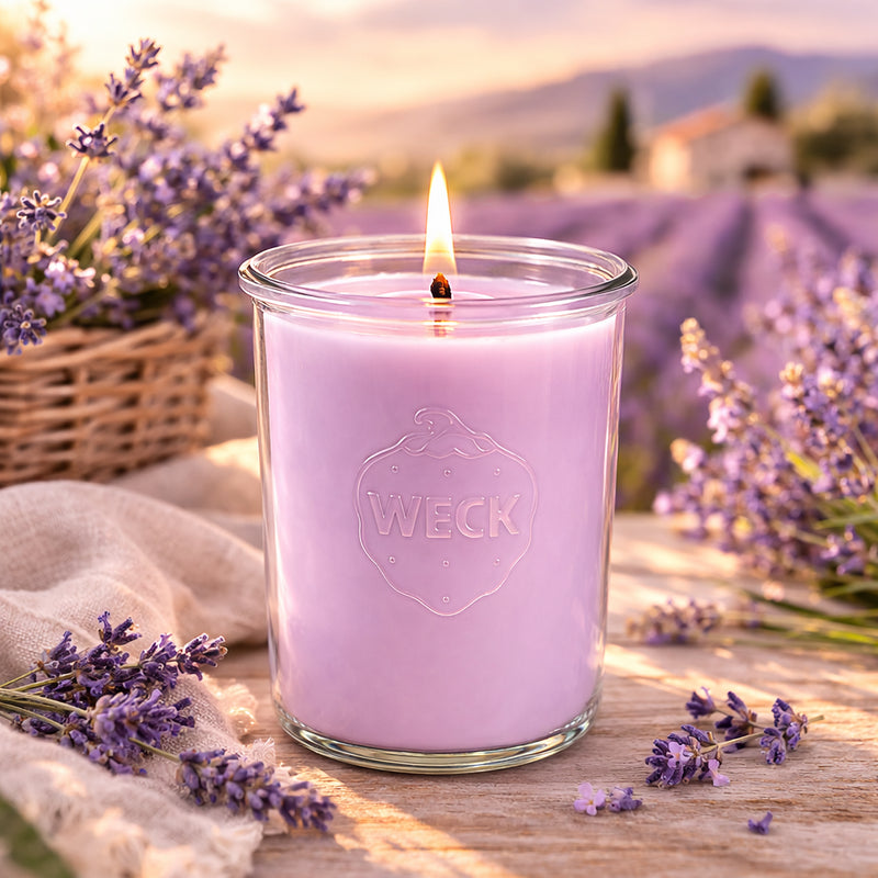 Duftkerze Lavendel XXL in einer entspannten Szene mit Lavendelblüten, natürlichem Licht und ruhiger Atmosphäre – inspiriert von einem Abend in der Provence.