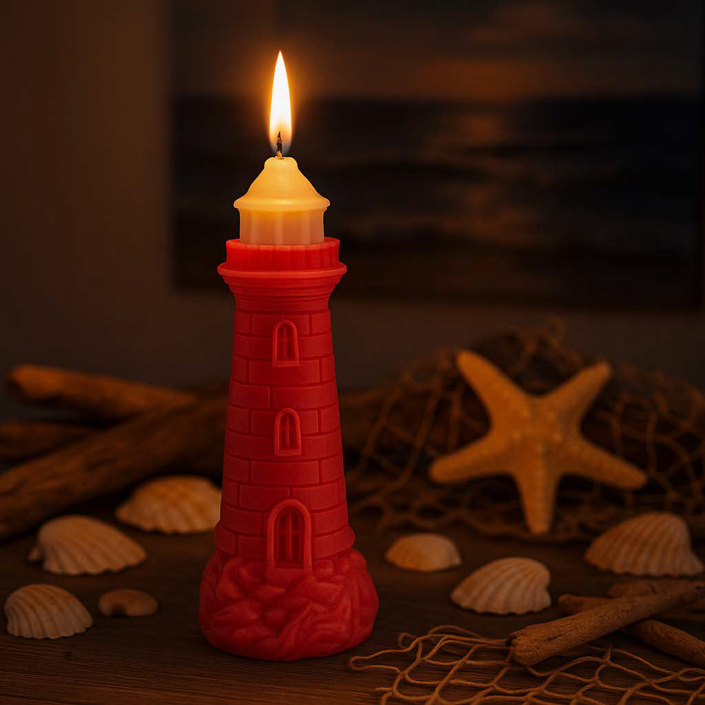 Rote Leuchtturm-Kerze aus Rapswachs, brennend in maritimer Dekoszene mit Muscheln, Seestern und Treibholz