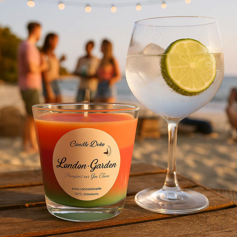 Partylicht-Duftkerze im Glas mit oberem, lachsfarbenem Wachs und unterem hellgrünen Ton. Etikett: "London-Garden – Partylicht mit Gin Tonic".
