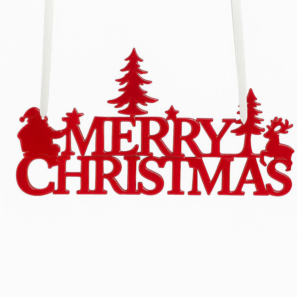 Roter Schriftzug Merry Christmas aus Resin mit Tannenbäumen, Santa und Rentier, festliche Weihnachtsdekoration zum Aufhängen
