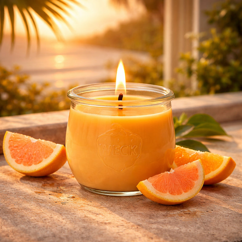 Pomelozauber Duftkerze brennend im WECK-Glas auf hellem Holz, dekoriert mit Grapefruitstücken und Sektglas. Frischer, fruchtiger Look im warmen Licht.
