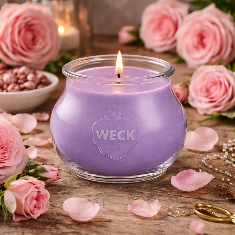 Rosen-Duftkerze im WECK-Glas mit zartem, lavendelfarbenem Wachs, brennend auf rustikalem Holztisch, umgeben von rosa Rosen, Blütenblättern und feinen Schmuckdetails – romantisches, liebevoll inszeniertes Setting