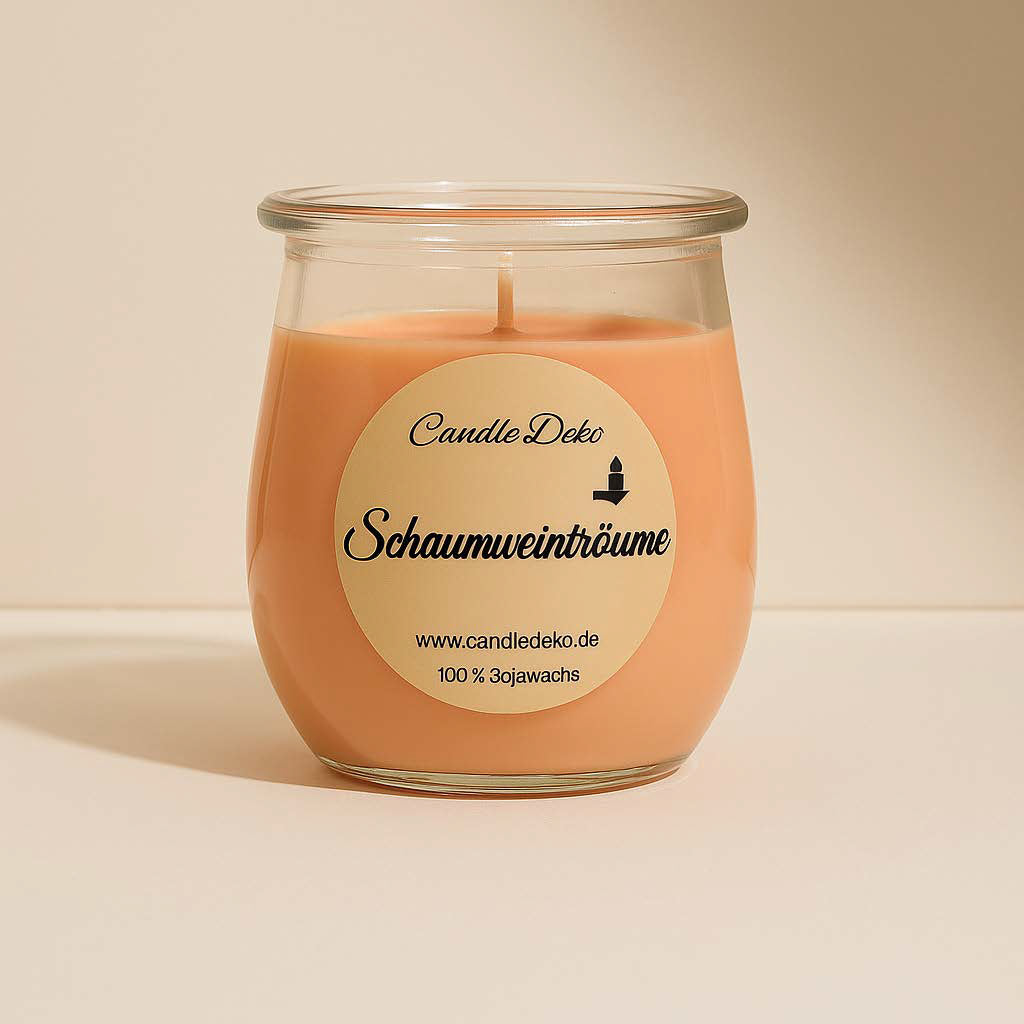 Zart pfirsichfarbene Duftkerze in elegantem Glas, angezündet neben Rosen und Schaumwein in festlicher Atmosphäre – stimmungsvolles Bild für besondere Momente