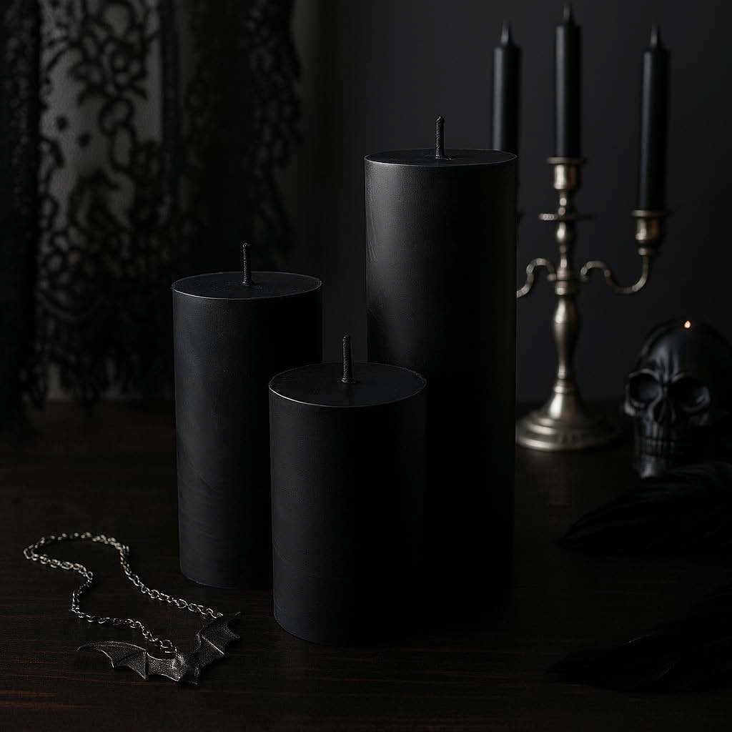 Schwarze Stumpenkerzen-Set in mystischer Wave-Gotik-Szenerie – stilvolle Kombination aus Romantik, Tiefe und Individualität