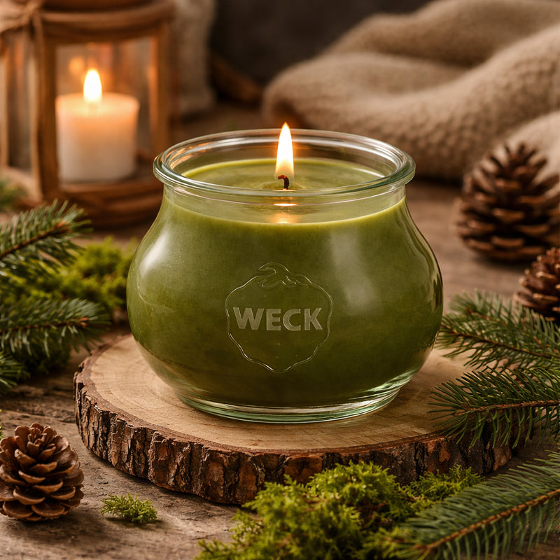 Moosgrüne Duftkerze im bauchigen WECK-Glas, brennend auf einem Holzbrett inszeniert, umgeben von Tannenzweigen, Moos und Zapfen – natürliches, waldiges Ambiente mit warmem Licht.
