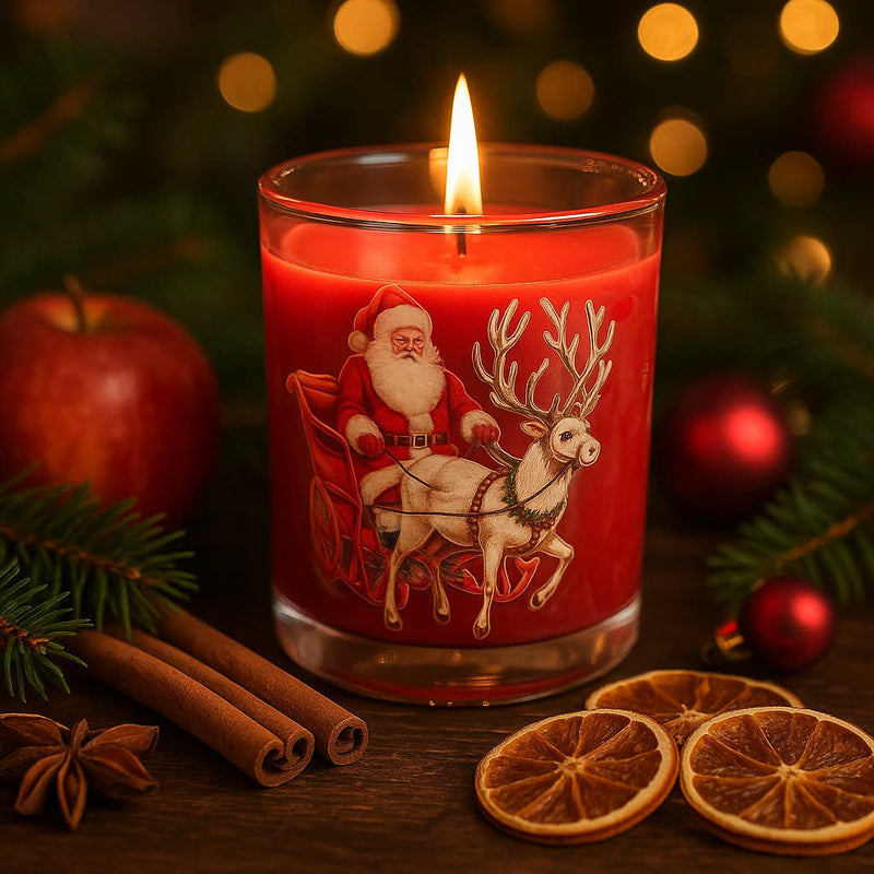 Angezündete Apfel-Zimt Weihnachtskerze im roten Glas mit Santa- und Rentiermotiv, dekoriert mit Zimtstangen, Äpfeln, Orangenscheiben und Tannenzweigen, vor festlichem Lichter-Bokeh