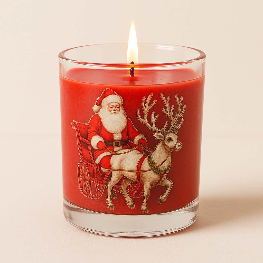 Rote Weihnachtskerze im Glas mit Santa- und Rentiermotiv, gefüllt mit 120 g Sojawachs im Duft Apfel-Zimt, vor neutralem Hintergrund.