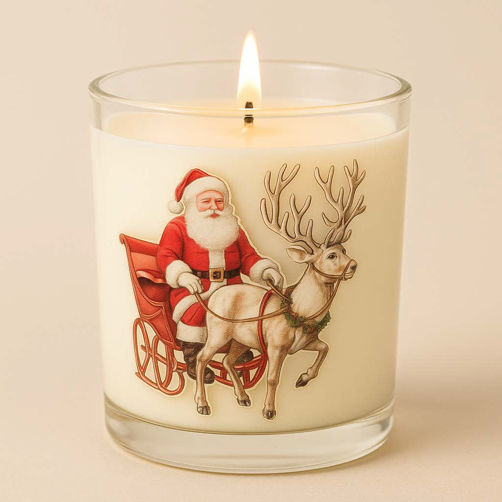 Weiße Weihnachtskerze im Glas mit nostalgischem Santa- und Rentiermotiv, 120 g Sojawachs im Duft Vanille, vor hellem Hintergrund