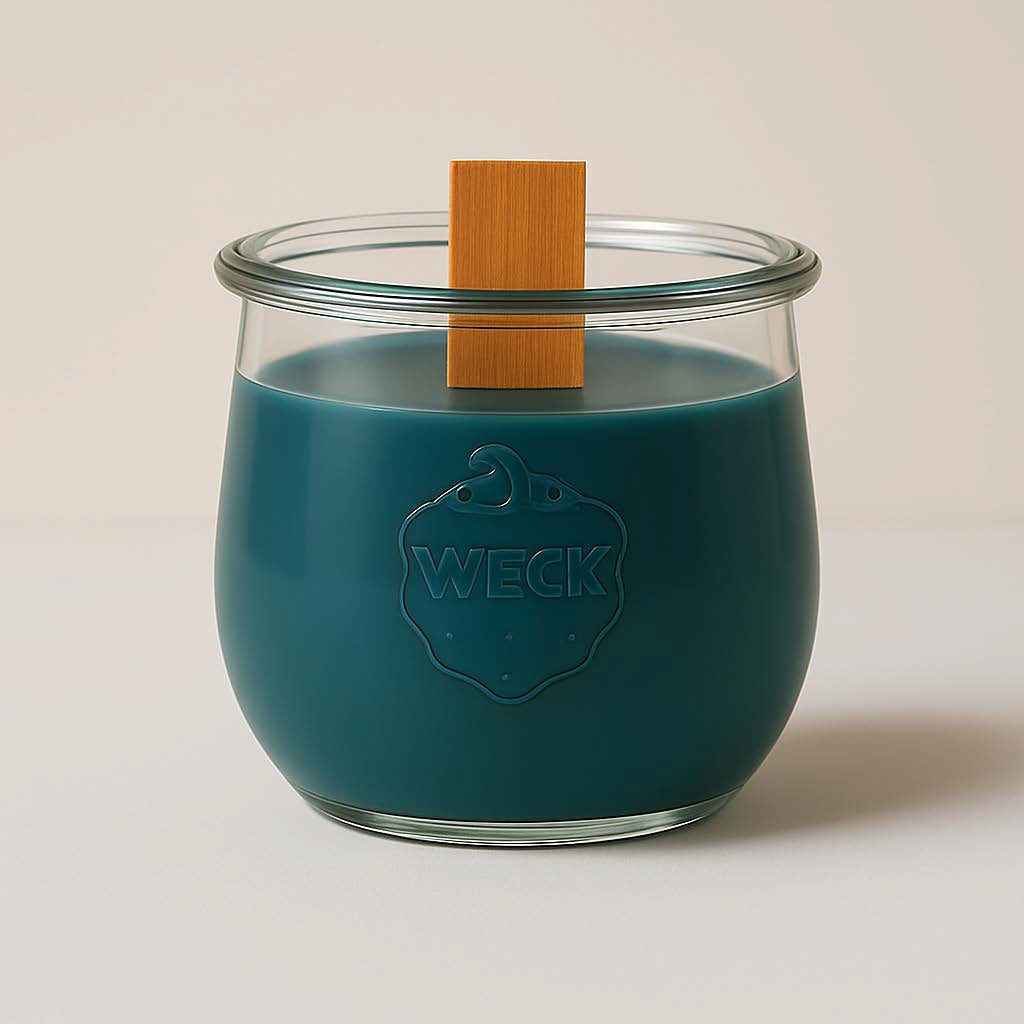 Petrolfarbene Duftkerze „Windstille XL“ im WECK-Glas mit Holzdocht, unangezündet, vor beigem Hintergrund.