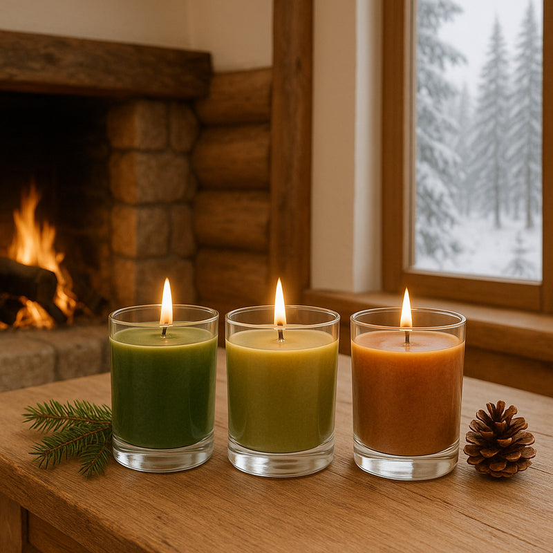 Brennende Duftkerzen im Tulpenglas auf Holz, warmes Kaminlicht und Winterwald im Hintergrund – natürliche Winterstimmung mit dem DuftSet Winterwald.
