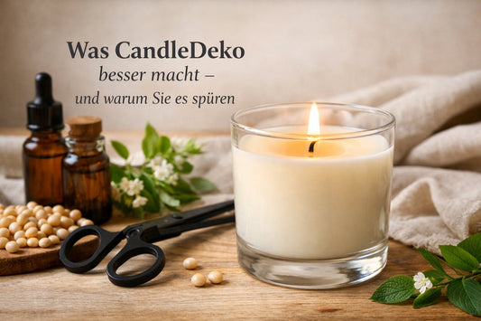Duftkerze aus Sojawachs mit ruhiger Flamme im Glas, daneben Dochtschere, Sojabohnen und Naturdetails – Blogbild von CandleDeko zum Thema Kerzenqualität