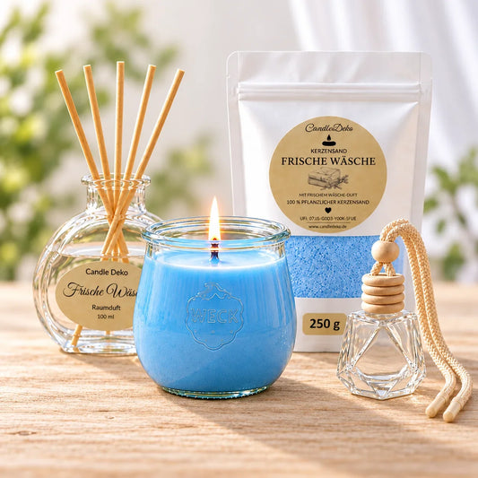 Duftfamilie Frische Wäsche mit Duftkerze, Raumduft, Autoduft und Duft-Kerzensand von CandleDeko.