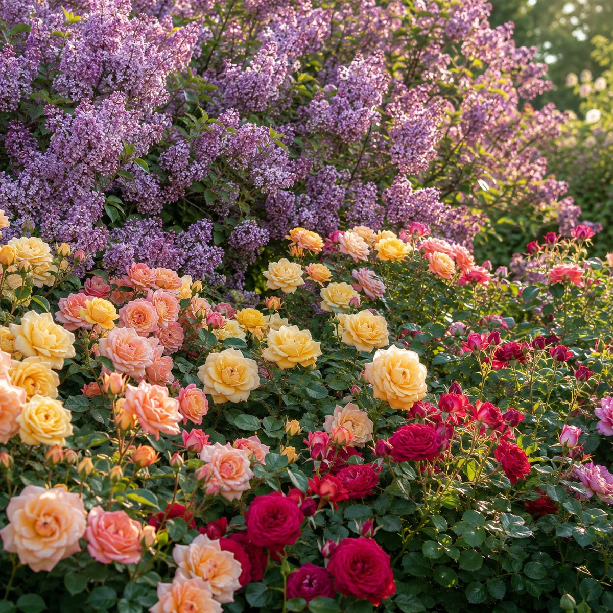 Blühender Fliederbusch mit gelben, pfirsichfarbenen und roten Rosen im Frühsommerlicht.