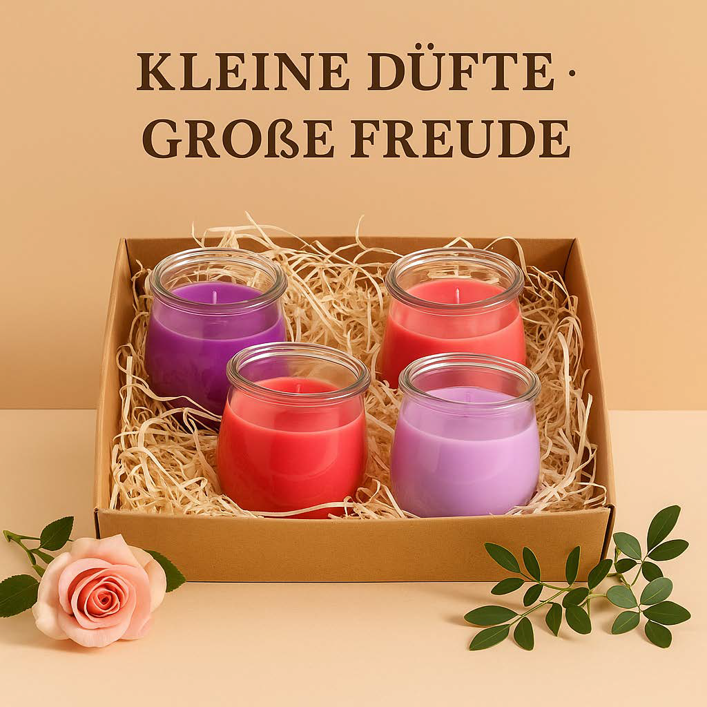 Geschenksets mit Mini-Duftkerzen: Kraftpapiertüte mit zwei Kerzen und weiße Geschenkboxen mit 3, 4 oder 6 handgegossenen Duftminiaturen.