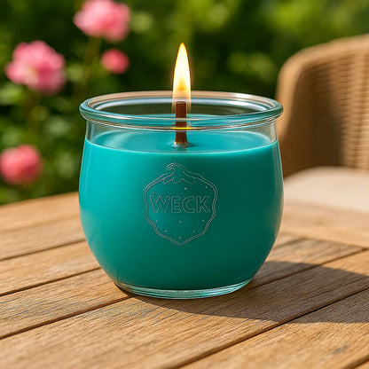 Stimmungsvolles Sommerbild der Duftkerze Anti-Tabak im WECK-Schmuckglas auf einem Holztisch im Garten, mit weichem Licht und entspannter Atmosphäre – ideal gegen Rauch- und Küchengerüche