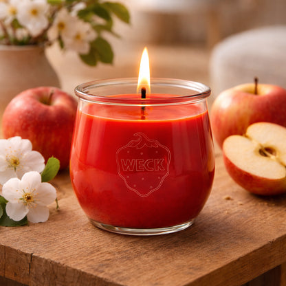 ote Duftkerze im WECK-Glas auf rustikalem Holztisch, umgeben von frischen Äpfeln und Apfelblüten – stimmungsvolles Bild zum Duft „Apfeltraum“