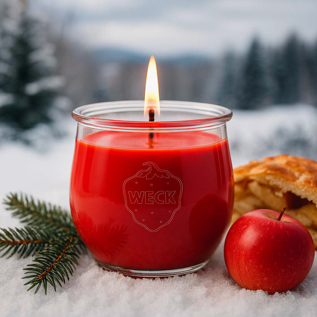 Brennende Duftkerze Apfeltraum Winteredition im bauchigen WECK-Tulpenglas, rhabarber-dunkelrote Wachsfarbe, dekoriert mit Tannenzweig, Apfel und angeschnittenem Apfelkuchen auf Schnee; dahinter eine helle, unscharfe skandinavische Winterlandschaft