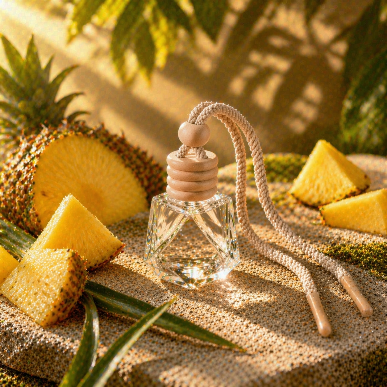 Autoduft Frische Ananas aus Glas mit Holzdeckel auf Stein mit frischer Ananas im warmen, sonnigen Licht