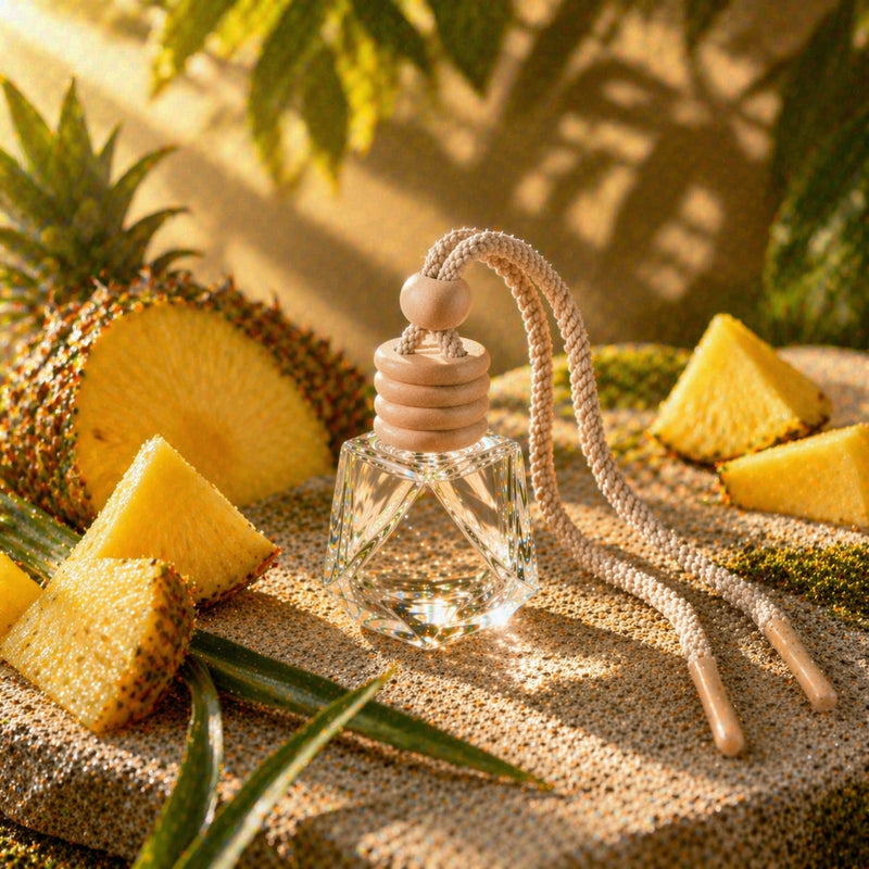 Autoduft Frische Ananas aus Glas mit Holzdeckel auf Stein mit frischer Ananas im warmen, sonnigen Licht