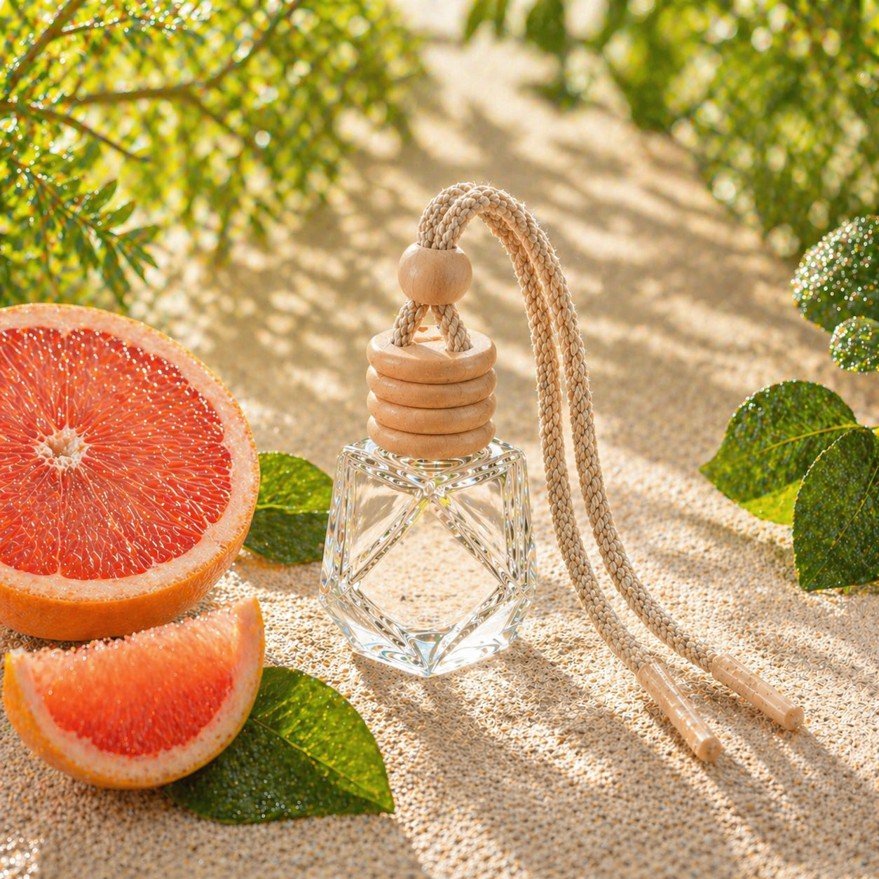 Grapefruit Autoduft in Glasflasche auf hellem Stein mit frischer Grapefruit im Sonnenlicht