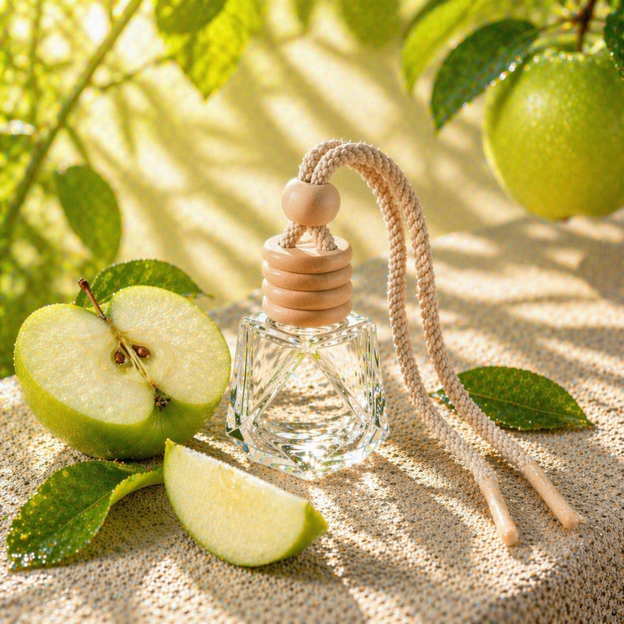 Autoduft Grüner Apfel aus Glas mit Holzdeckel auf Stein mit angeschnittenem grünen Apfel im warmen, hellen Licht