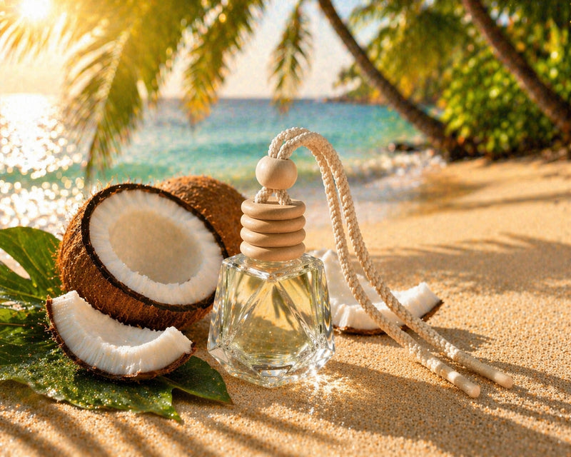 Autoduft Kokosnuss aus Glas mit Holzdeckel am tropischen Sandstrand mit Kokosnuss und Meer im Hintergrund