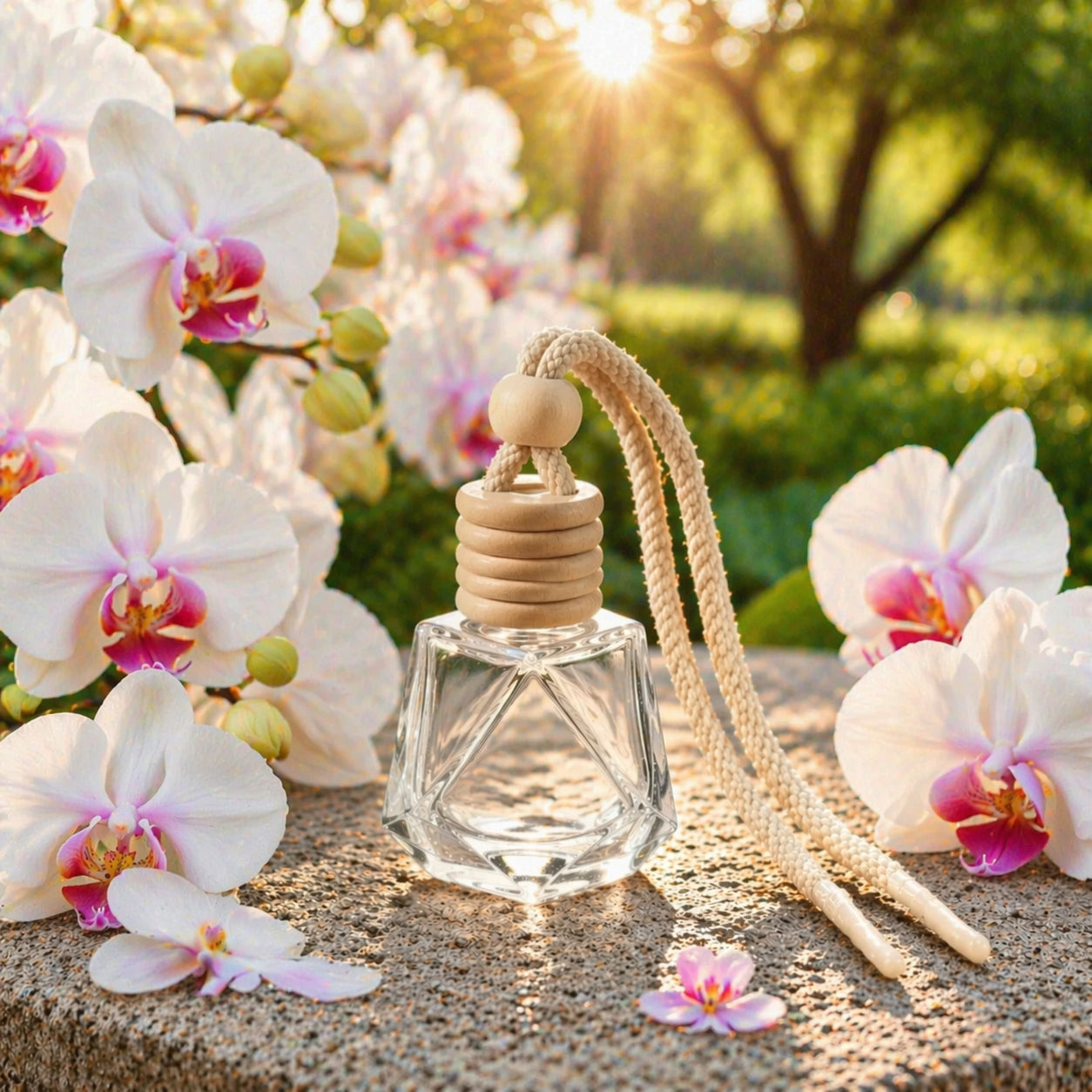 Autoduft Orchidee aus Glas mit Holzdeckel auf Stein umgeben von Orchideenblüten im warmen, hellen Licht