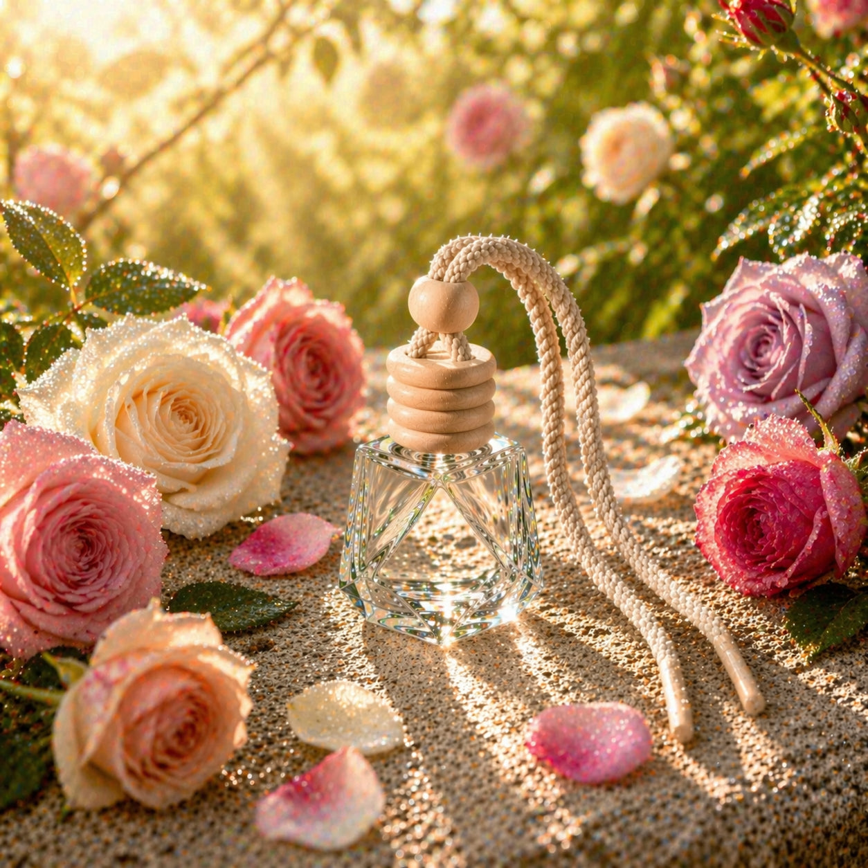 Autoduft Rose aus Glas mit Holzdeckel auf Stein umgeben von Rosenblüten im warmen, hellen Sommerlicht