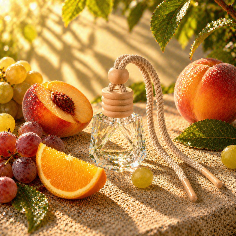 Autoduft Sommerpunsch aus Glas mit Holzdeckel auf Stein mit Trauben, Pfirsich und Orangenscheiben im warmen Abendlicht