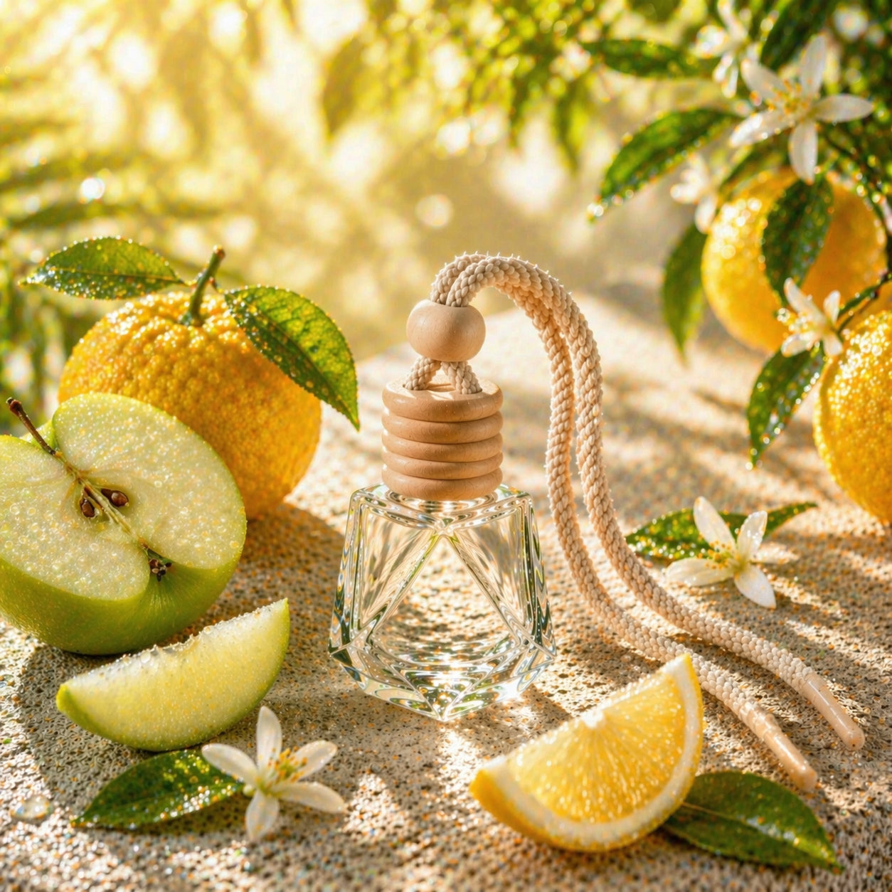 Autoduft Yuzu & Zitrusfrische aus Glas mit Holzdeckel auf Stein mit Zitrusfrüchten im warmen, hellen Licht