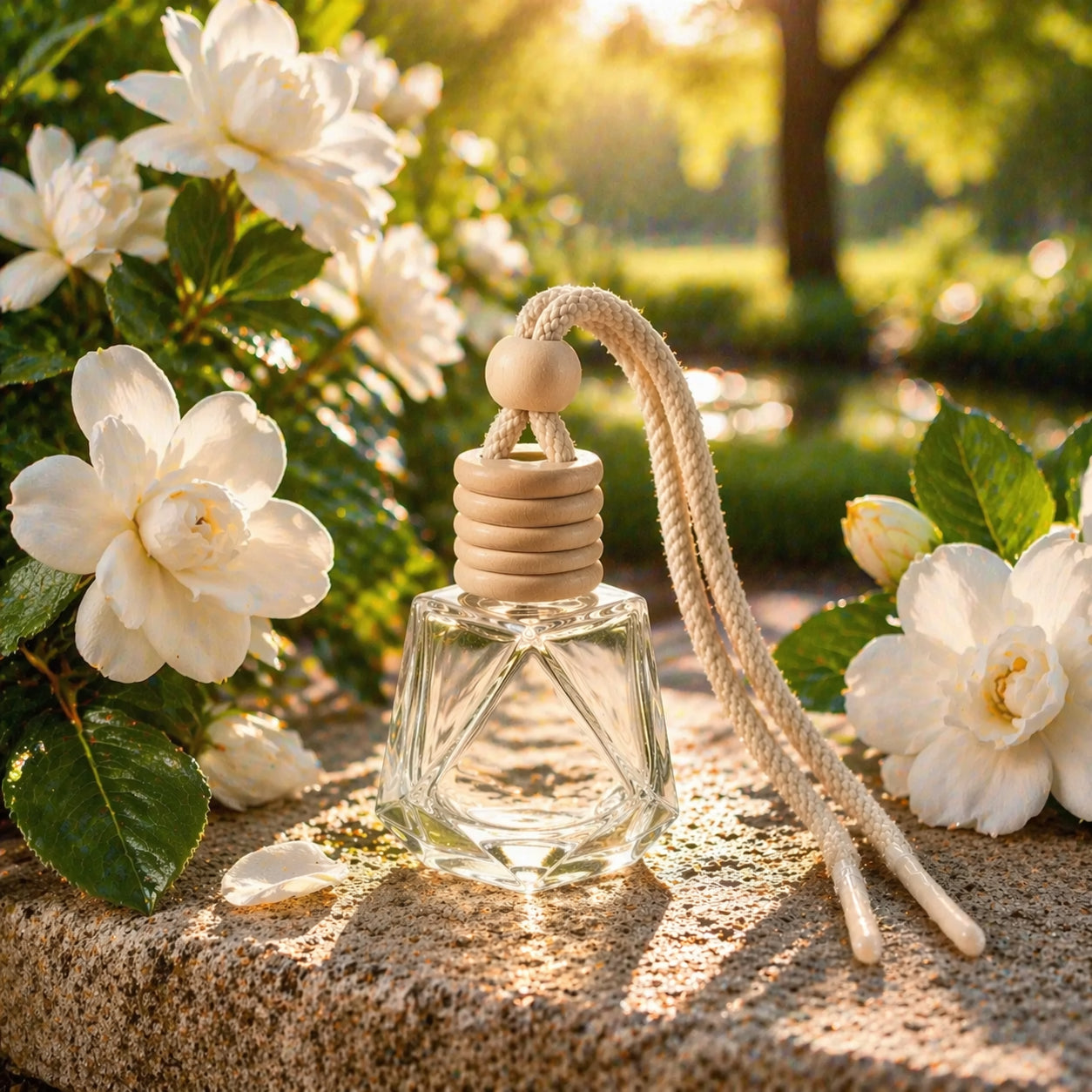 Autoduft Gardenie aus Glas mit Holzdeckel auf Stein umgeben von weißen Blüten im warmen Sonnenlicht in ruhiger, blumiger Atmosphäre