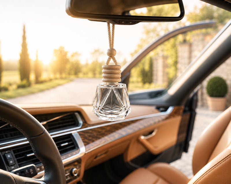 Autoduft Gentleman mit Leder- und Holznoten im Fahrzeug mit hochwertigem Lederinterieur bei Abendsonne